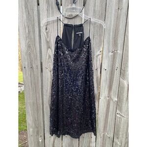 Express Black Sequin Mini Dress High Neck Keyhole Back Spaghetti Strap Womens L